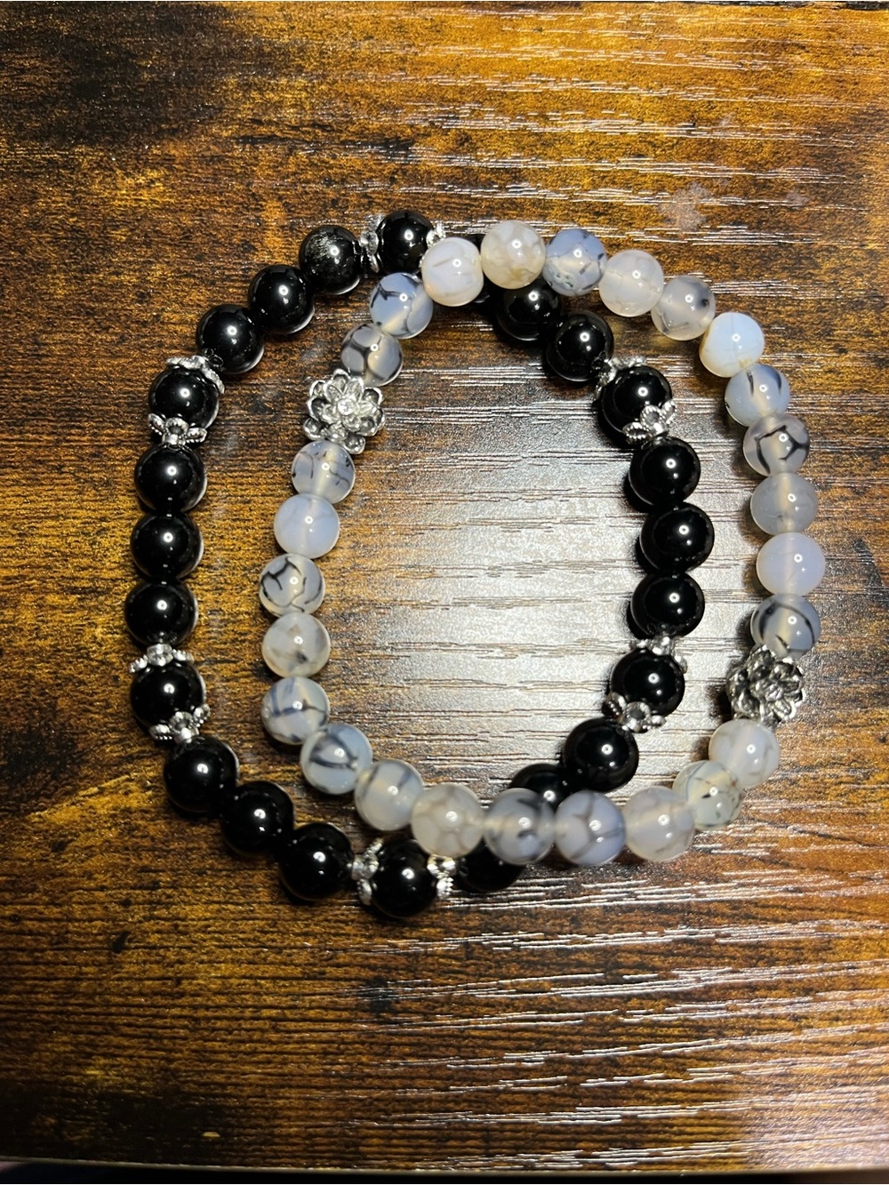 Black Obsidian & White Dragon Vein Agate Bracelet Stack | Silver Accents